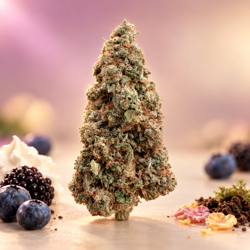 Fleur CBD Berry Pebble indoor, cultivée sur substrat organique par Jungle House, entourée de baies, de crème et de terre